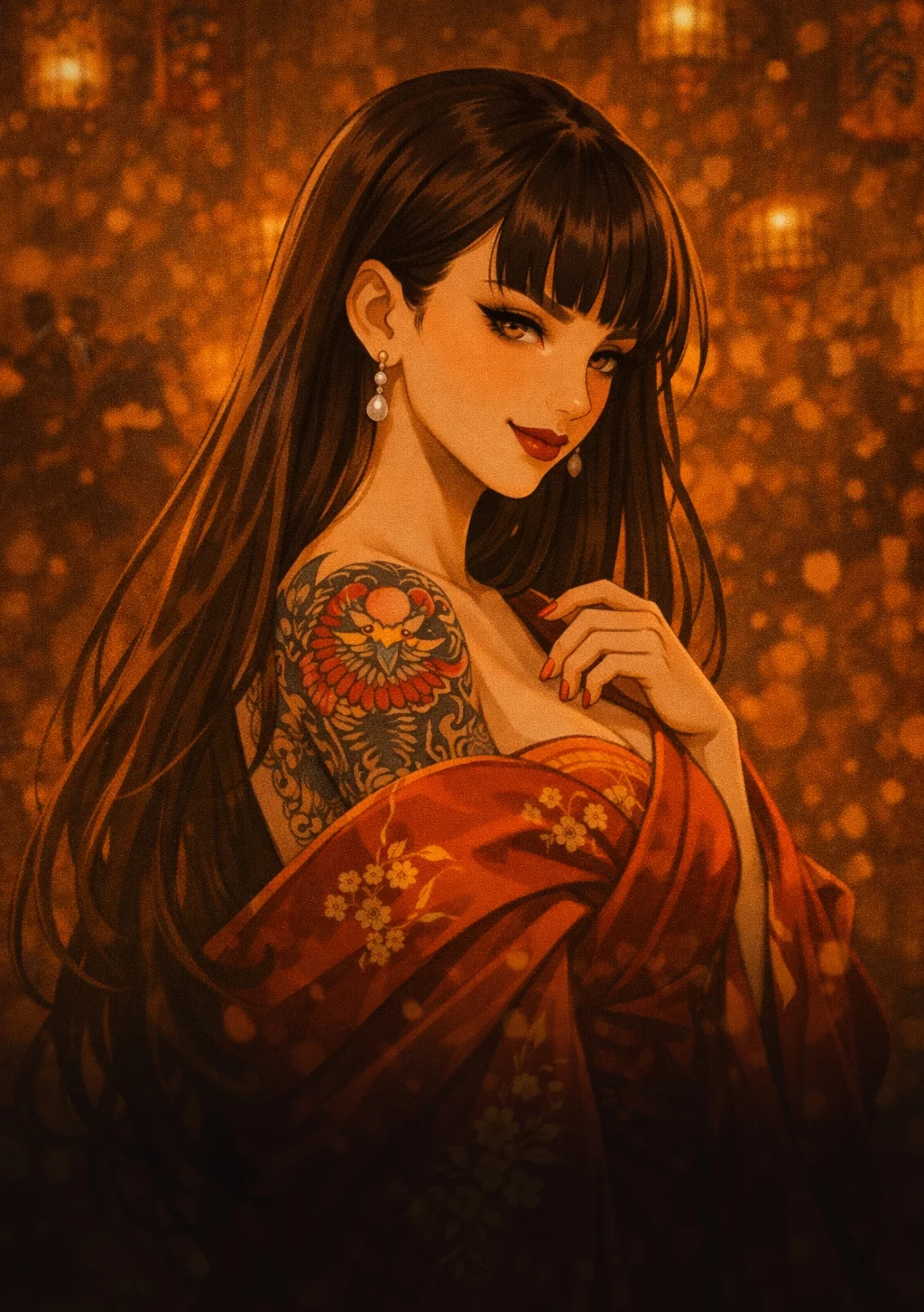 Ayaka Hakamoto in a red kimono with a phoenix tattoo, lanterns glowing behind her