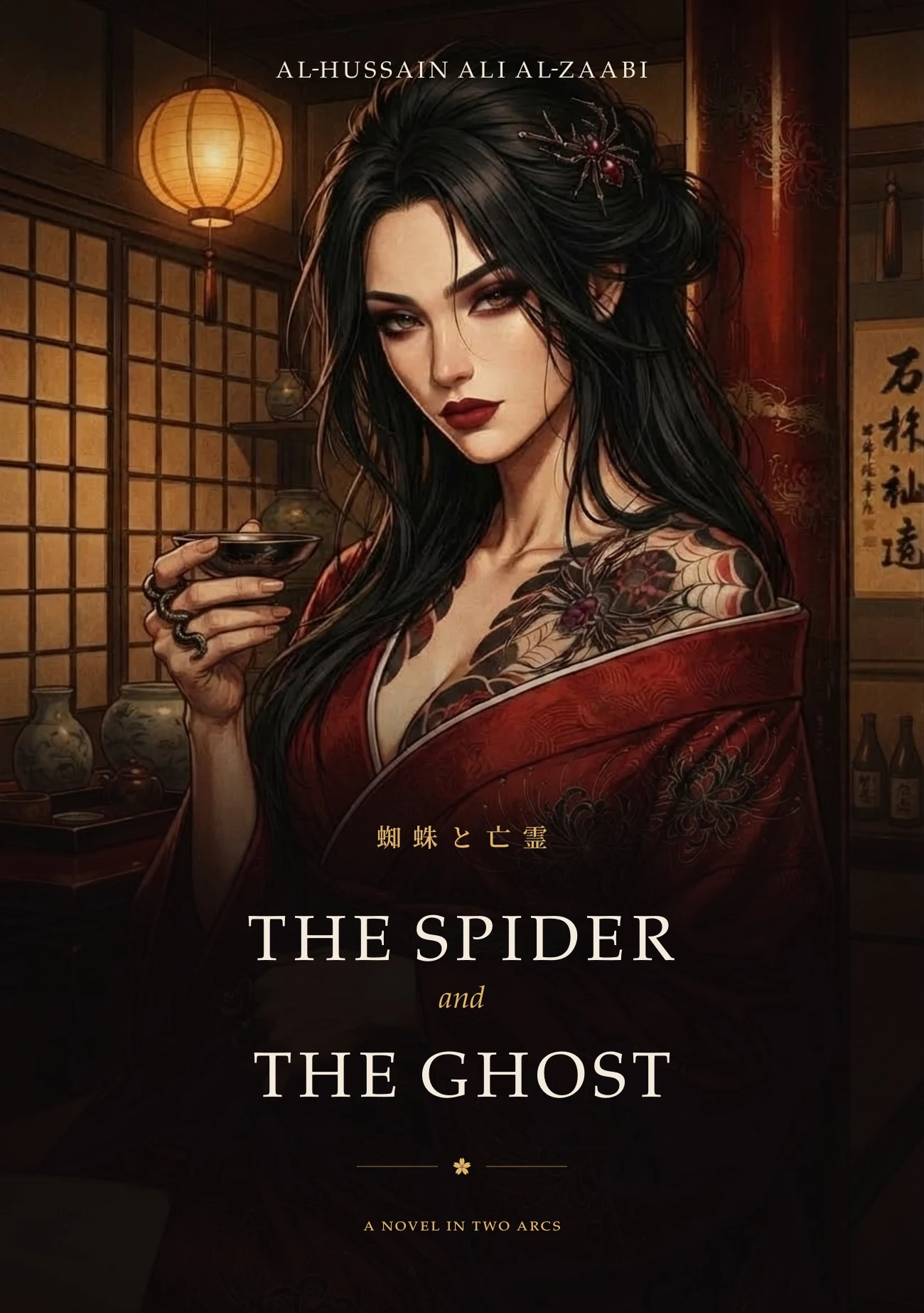 Front cover of The Spider and the Ghost: Hanami Takamori in a red kimono holding a sake cup, a spider pin in her hair