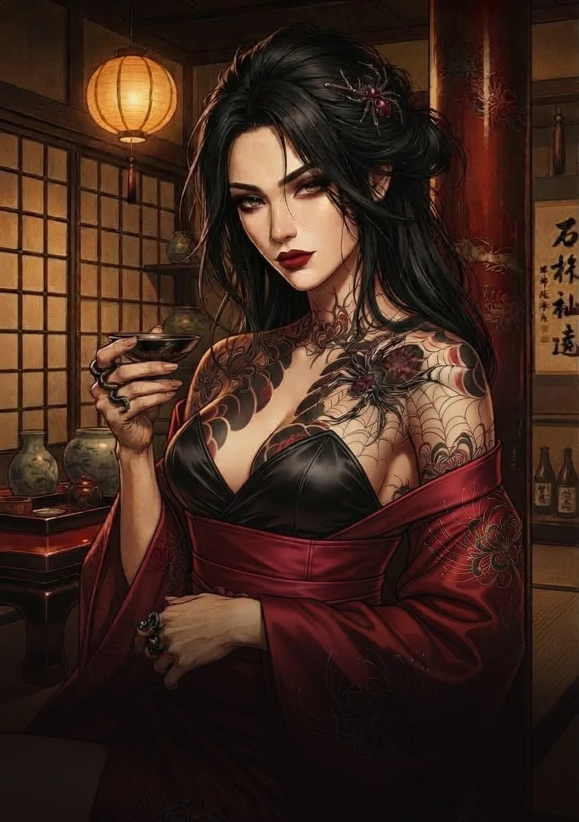 Hanami Takamori with the spider tattoo across her shoulder